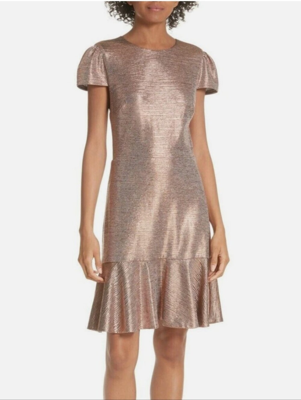 Alice + Olivia Metallic Gold Mini Dress with Ruffle Hem
